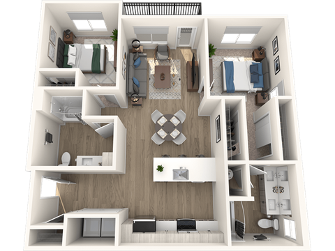 A top-down view of a modern apartment layout with a living room, kitchen, and two bedrooms.